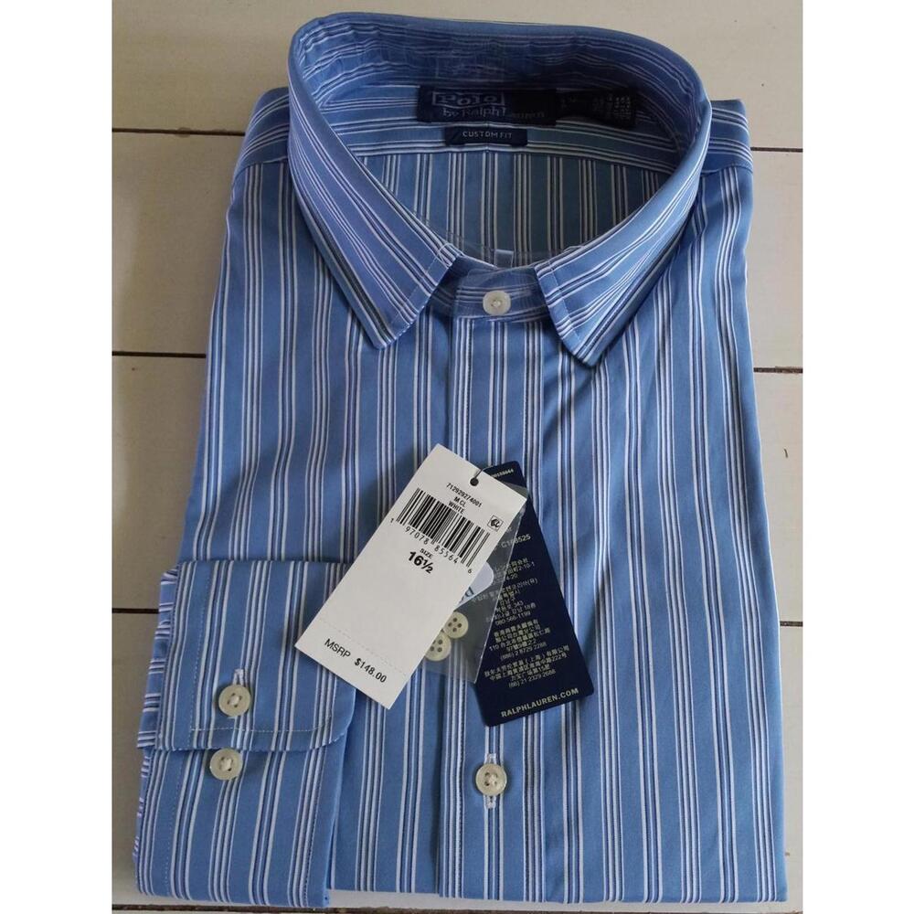 POLO by RALPH LAUREN Custom Fit Blue Striped Shirt Size L (16.5) NWT